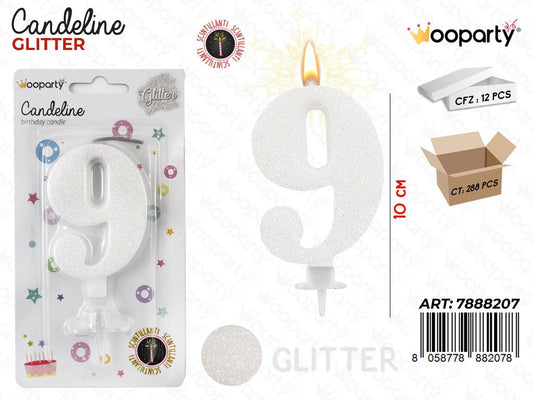 CANDELE GLITTERATE BIANCO 8CM N.9 /PZ DA 12**CFZ