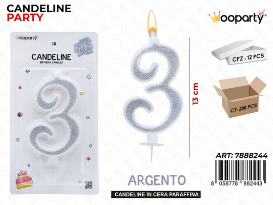Candeline Glitter Argento N. 3 12Cm