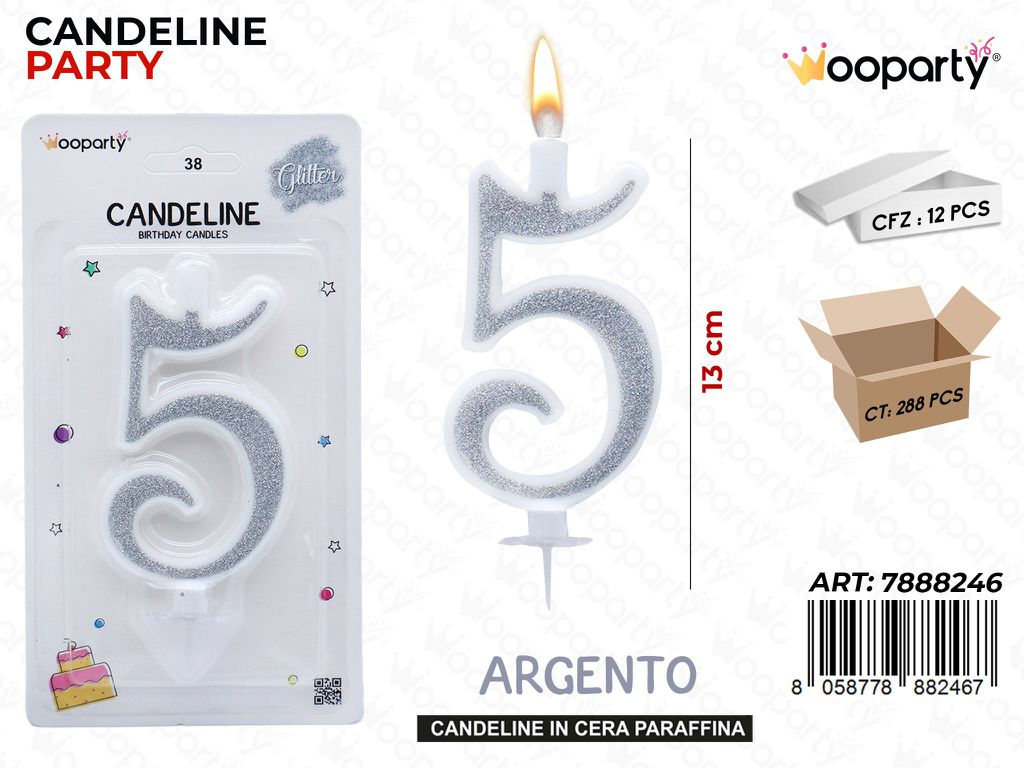 CANDELINE GLITTER ARGENTO N. 5 12CM /PZ DA 12**