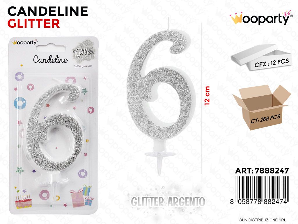 CANDELINE GLITTER ARGENTO N. 6 12CM /PZ DA 12**