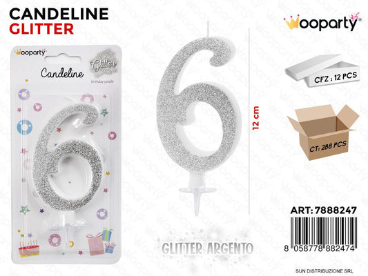 CANDELINE GLITTER ARGENTO N. 6 12CM /PZ DA 12**
