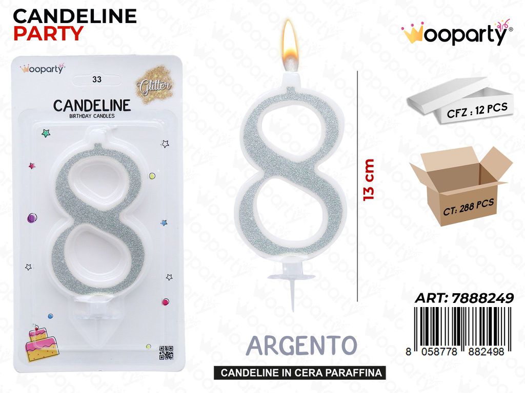 CANDELINE GLITTER ARGENTO N. 8 12CM /PZ DA 12**