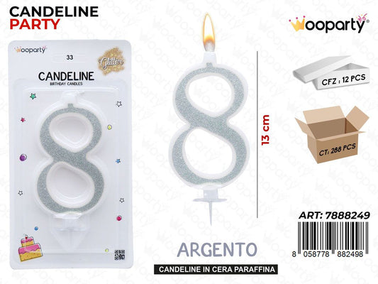 CANDELINE GLITTER ARGENTO N. 8 12CM /PZ DA 12**