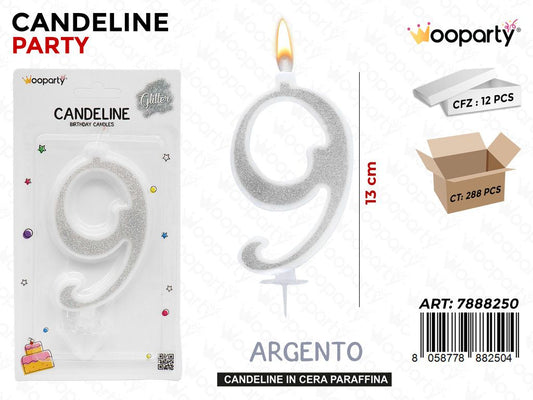 CANDELINE GLITTER ARGENTO N. 9 12CM /PZ DA 12**