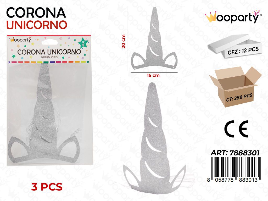 CORONA PARTY UNICORNO GLITTER ARGENTO 3PC-20CM /PZ DA 12**