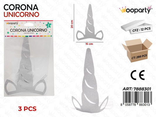 CORONA PARTY UNICORNO GLITTER ARGENTO 3PC-20CM /PZ DA 12**