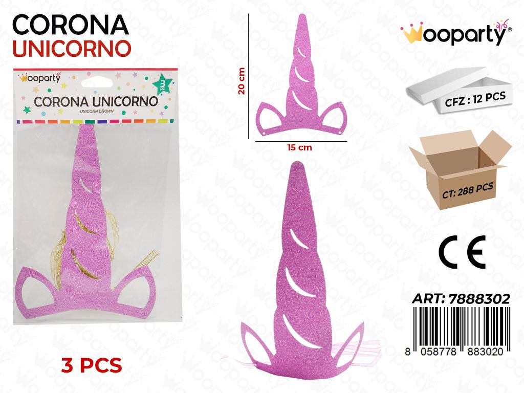 CORONA PARTY UNICORNO GLITTER VIOLA 3PC-20CM /PZ DA 12**