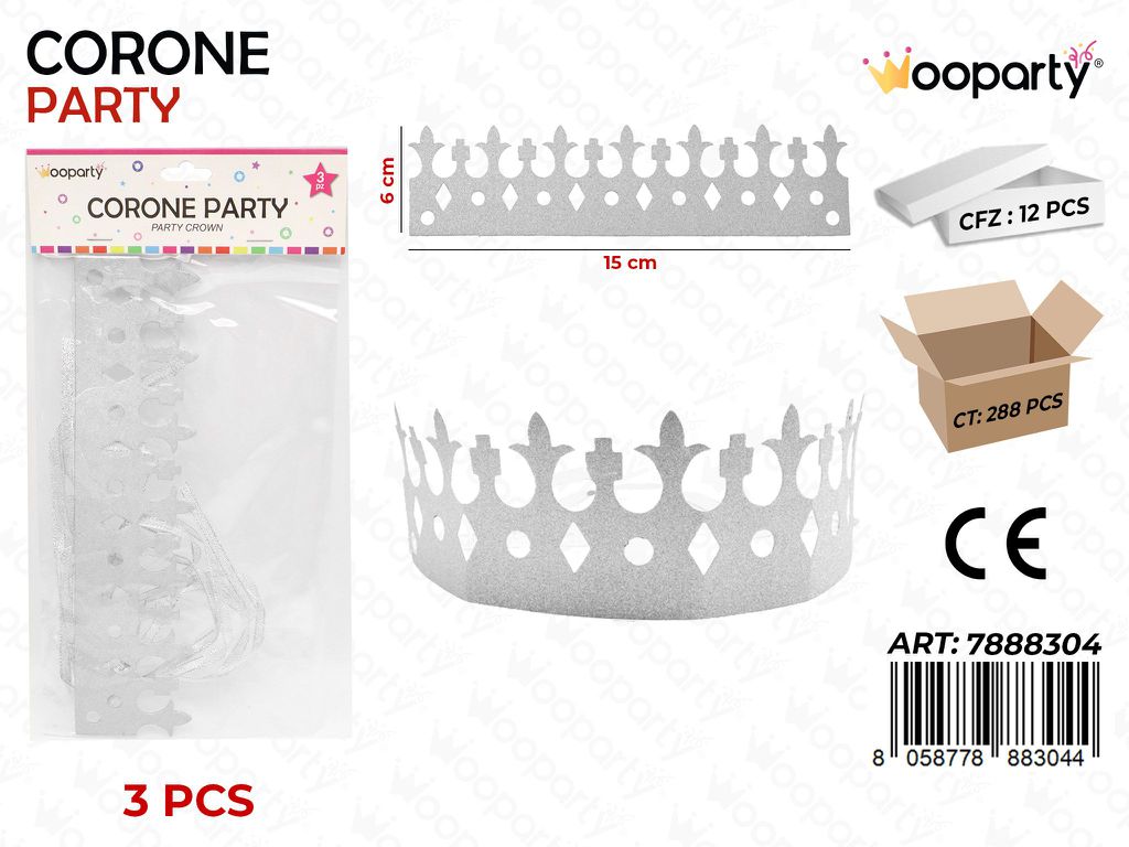 CORONA PARTY GLITTER ARGENTO 3PC-6CM /PZ DA 12**