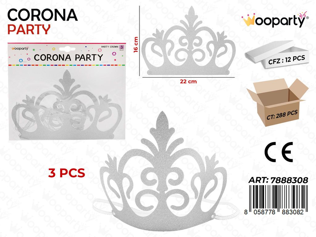 CORONA PARTY GLITTER ARGENTO 3PC- 16CM /PZ DA 12**