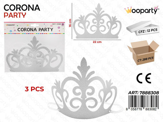 CORONA PARTY GLITTER ARGENTO 3PC- 16CM /PZ DA 12**