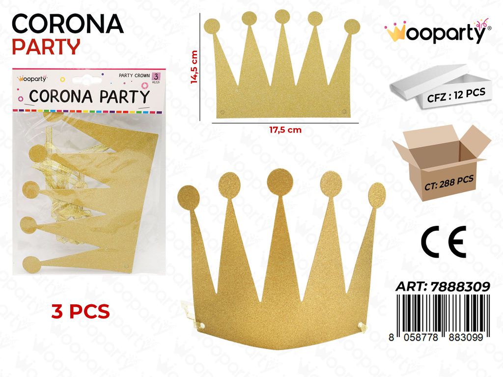 CORONA PARTY GLITTER ORO 3PC- 14.5CM /PZ DA 12**