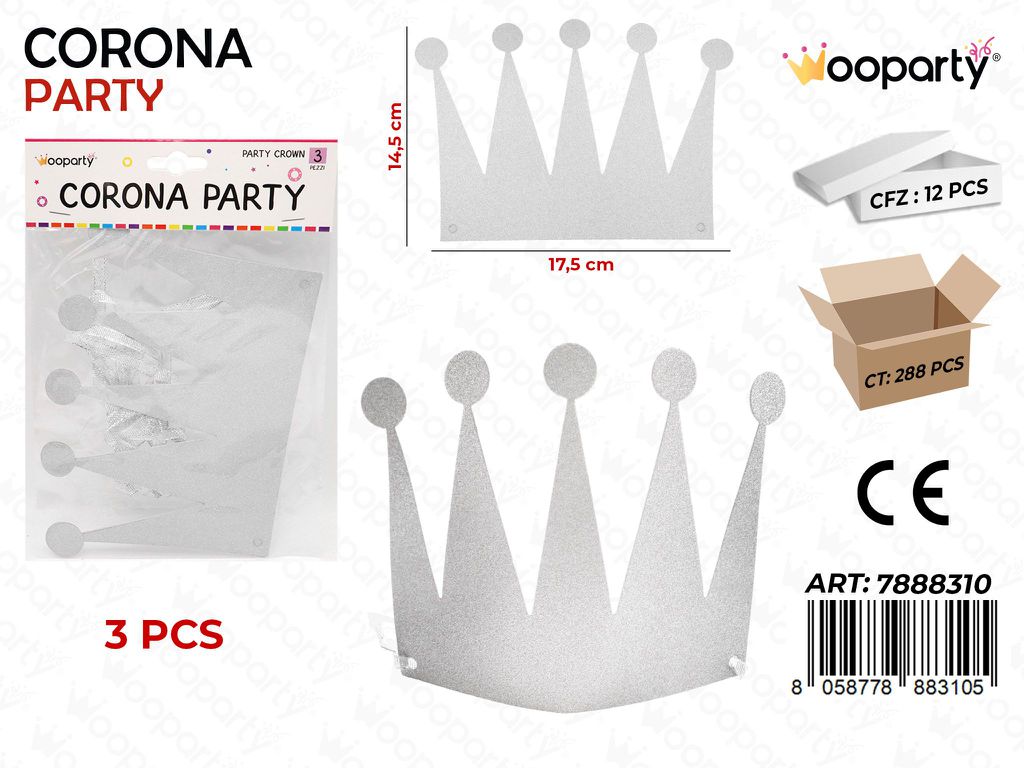 CORONA PARTY GLITTER ARGENTO 3PC- 14.5CM /PZ DA 12**