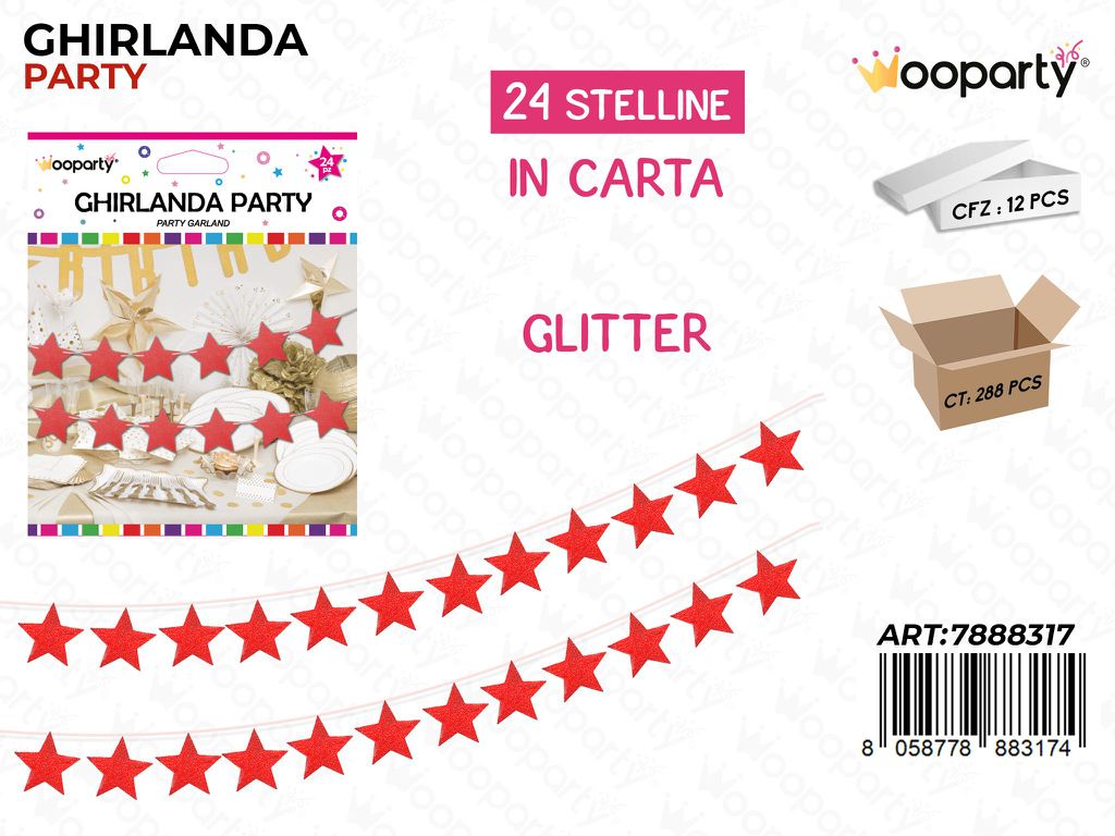 GHIRLANDA PARTY STELLE ROSSO GLITTER 260CM /PZ DA 12**