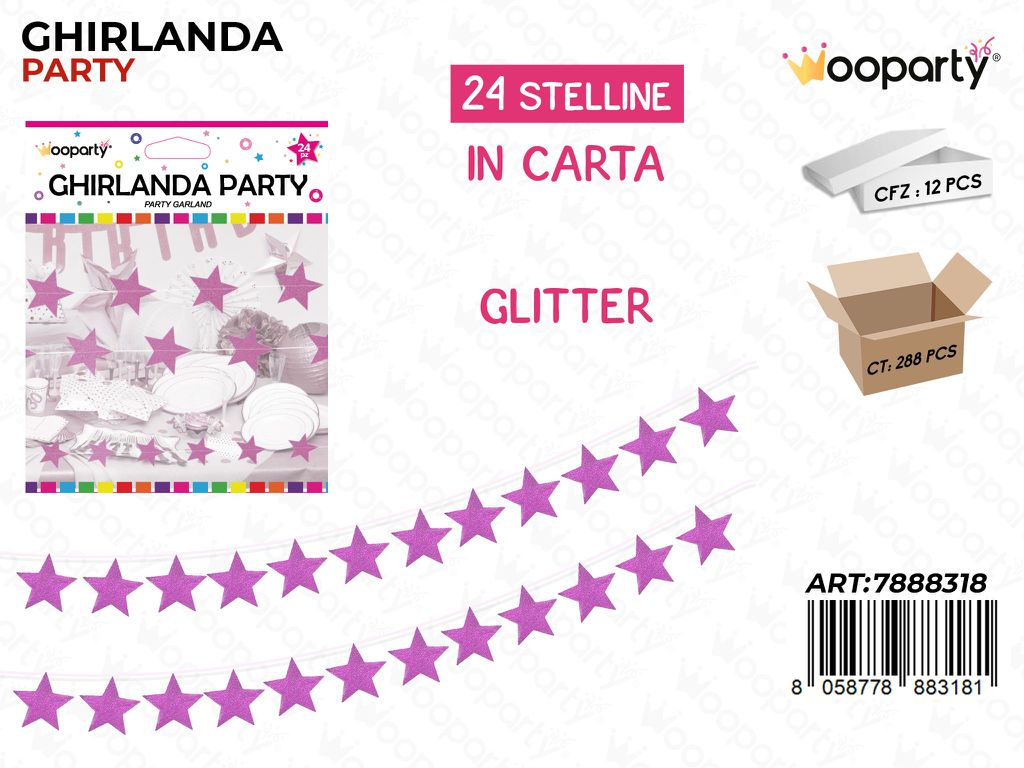 GHIRLANDA PARTY STELLE FUCSIA GLITTER 260CM /PZ DA 12**