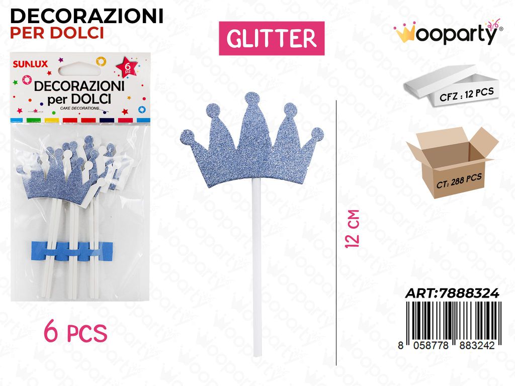 DEC. PER DOLCI CORONA AZZURRO GLITTER 6PC-12CM /PZ DA 12**