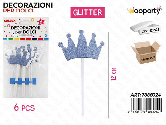 DEC. PER DOLCI CORONA AZZURRO GLITTER 6PC-12CM /PZ DA 12**