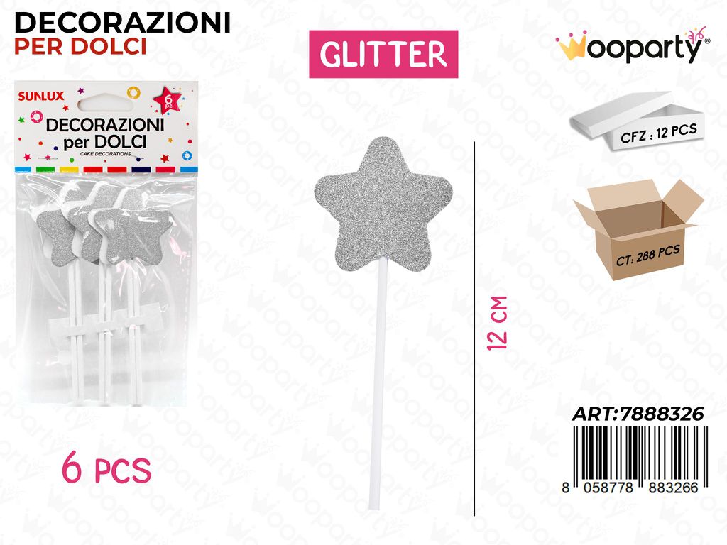 DEC. PER DOLCI STELLA ARGENTO GLITTER 6PC-12CM /PZ DA 12**