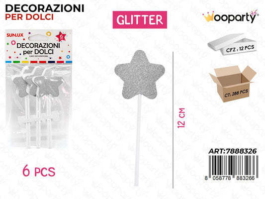 DEC. PER DOLCI STELLA ARGENTO GLITTER 6PC-12CM /PZ DA 12**