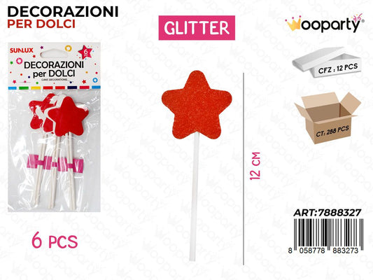 DEC. PER DOLCI STELLA ROSSO GLITTER 6PC-12CM /PZ DA 12**