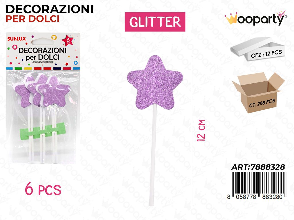 DEC. PER DOLCI STELLA VIOLA GLITTER 6PC-12CM /PZ DA 12**