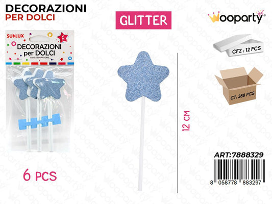 DEC. PER DOLCI STELLA AZZURRO GLITTER 6PC-12CM /PZ DA 12**