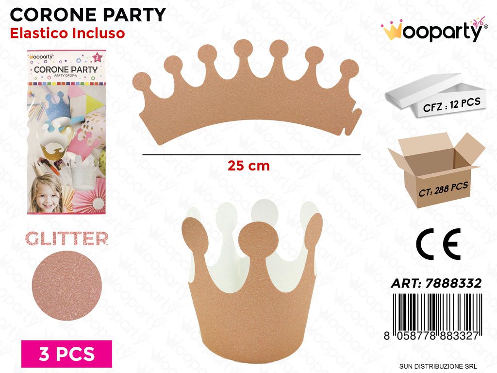 CORONE PARTY ORO ROSA GLITTER 3PCS- 25CM /PZ DA 12**