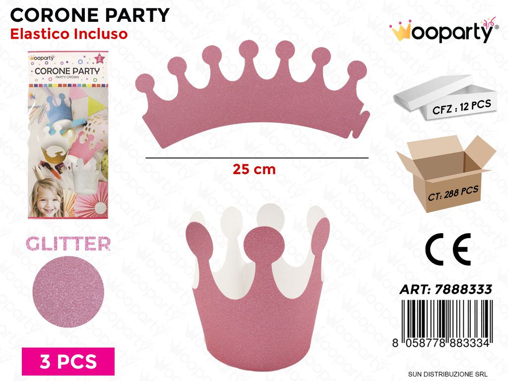 CORONE PARTY ROSA GLITTER 3PCS- 25CM /PZ DA 12**