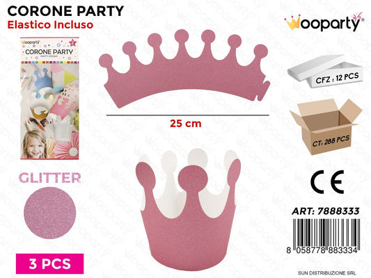 CORONE PARTY ROSA GLITTER 3PCS- 25CM /PZ DA 12**