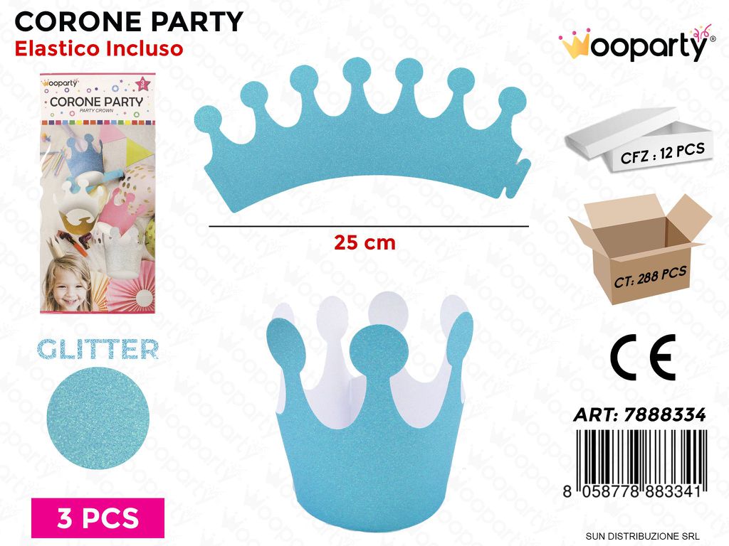 CORONE PARTY CELESTE GLITTER 3PCS- 25CM /PZ DA 12**