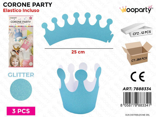 CORONE PARTY CELESTE GLITTER 3PCS- 25CM /PZ DA 12**