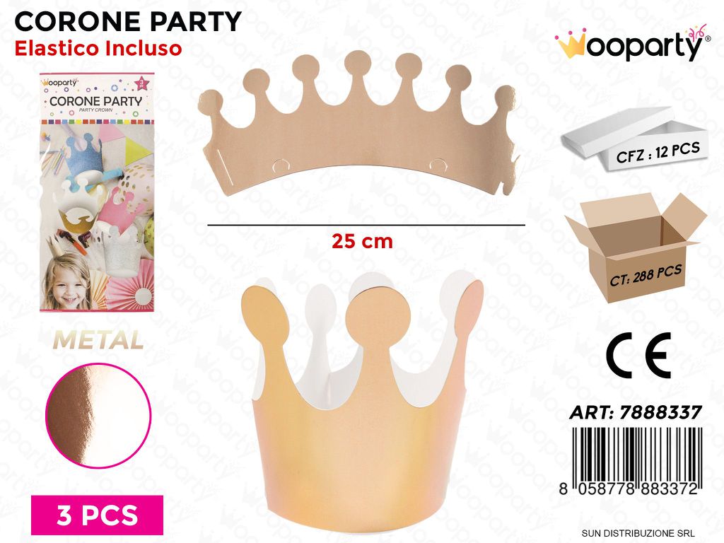 CORONE PARTY ORO ROSA METAL 3PCS- 25CM /PZ DA 12**