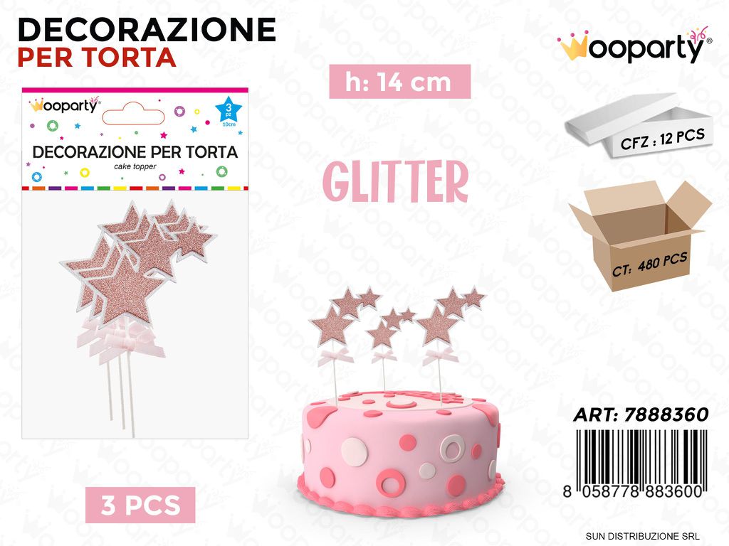 DEC. PER TORTA STELLE ROSA 3PCS 14CM /PZ DA 12**