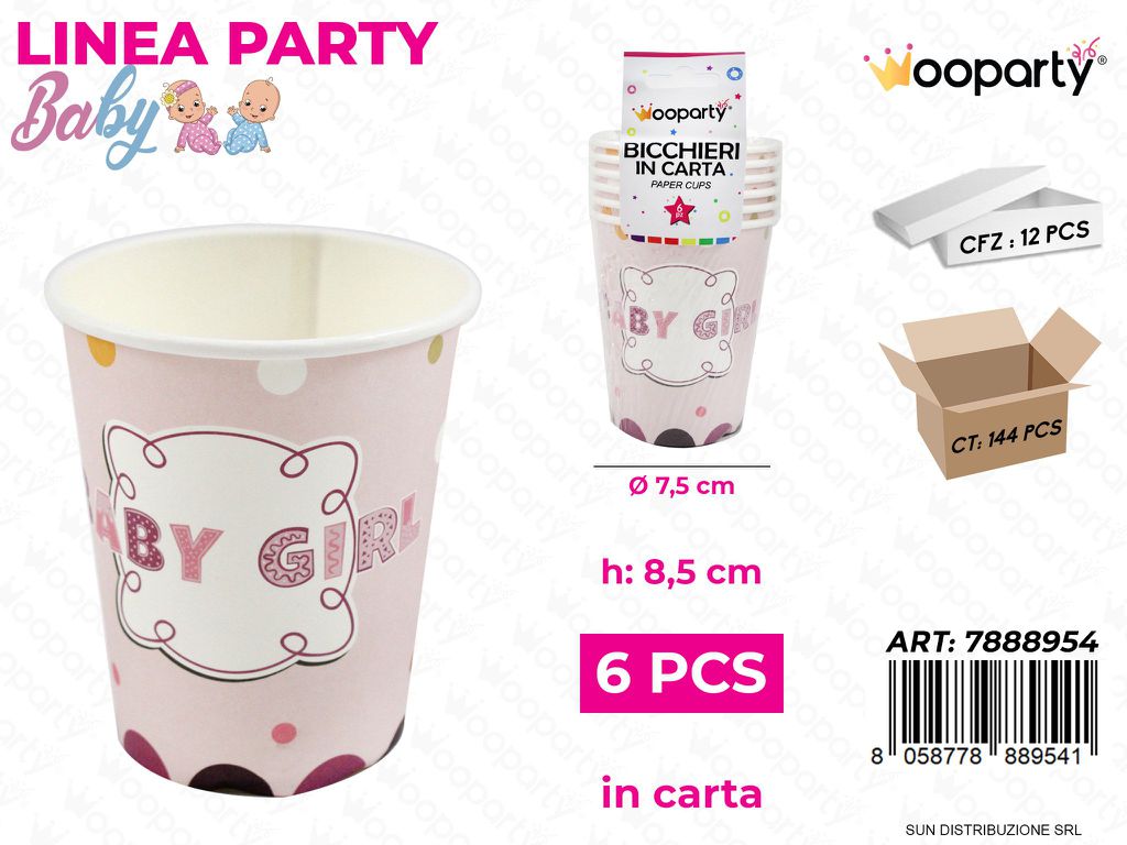 L. BABY GIRL BICCHIERI CARTA 6PCS 7.5*8.5CM /PZ DA 12**