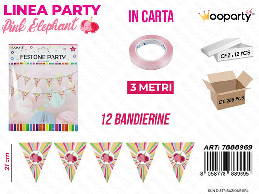 L. PINK ELEPHANT FESTONE PARTY 12BAND. 21CM*3MT /PZ DA 12**