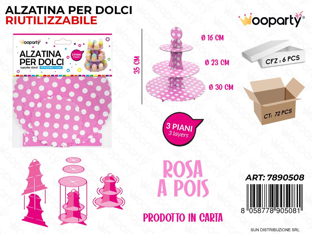 Alzatina per Dolci Rosa a Pois 3PIANI 35CM