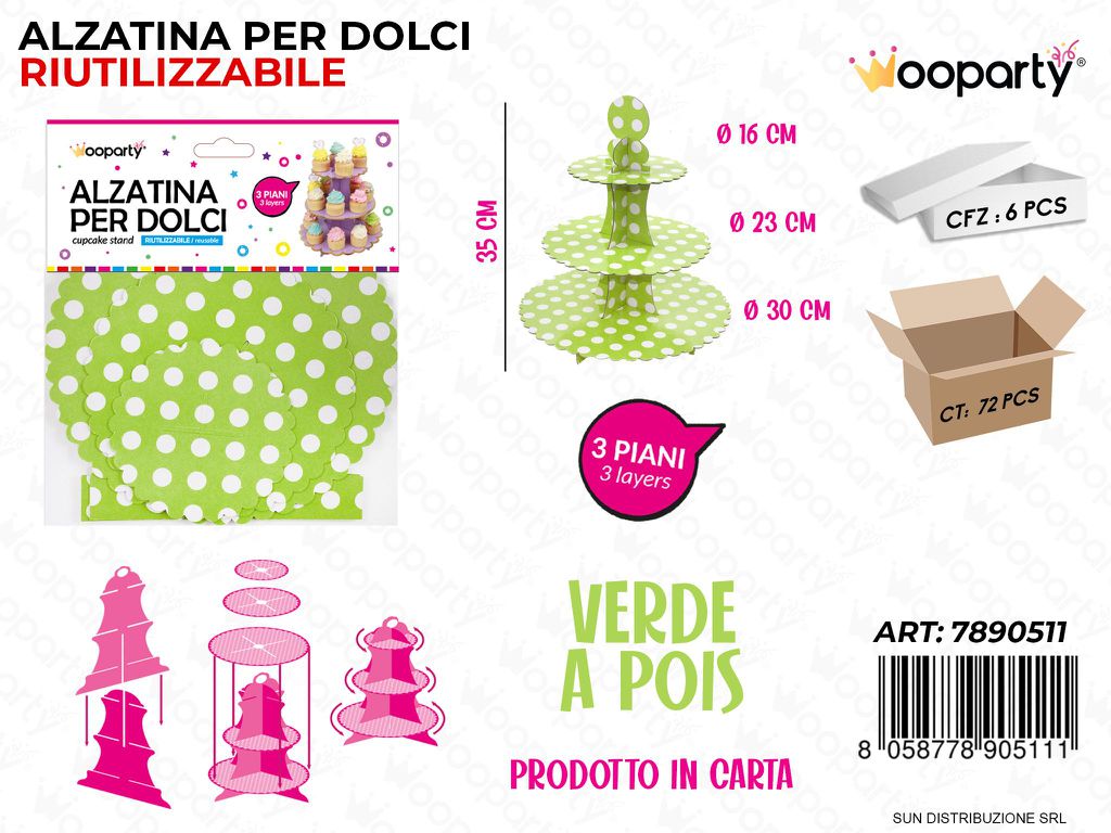 Alzatina per Dolci Verde a Pois 3PIANI 35CM