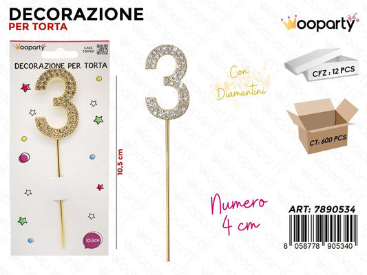 DEC. PER TORTA N.3 C/ BRILLANTINI 10.5CM /PZ DA 12**