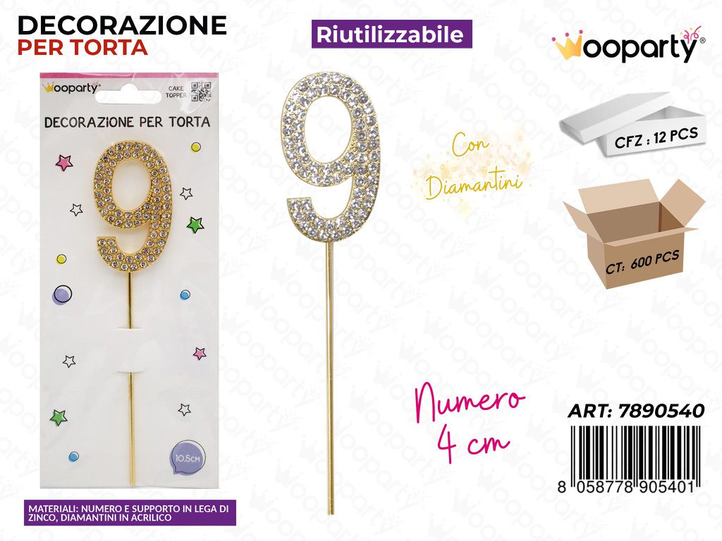 DEC. PER TORTA N.9 C/ BRILLANTINI 10.5CM /PZ DA 12**