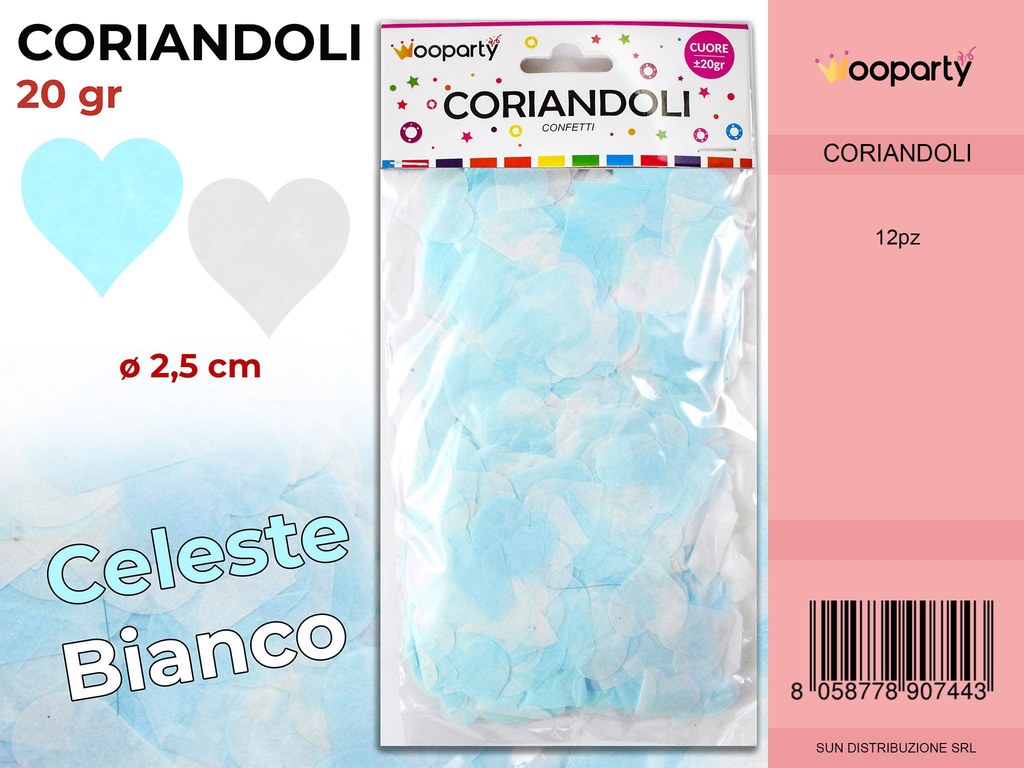 CORIANDOLI CUORI CELESTE-BIANCO D.2.5 CM 20GR /PZ DA 12**