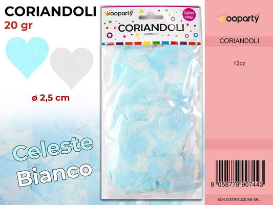 CORIANDOLI CUORI CELESTE-BIANCO D.2.5 CM 20GR /PZ DA 12**