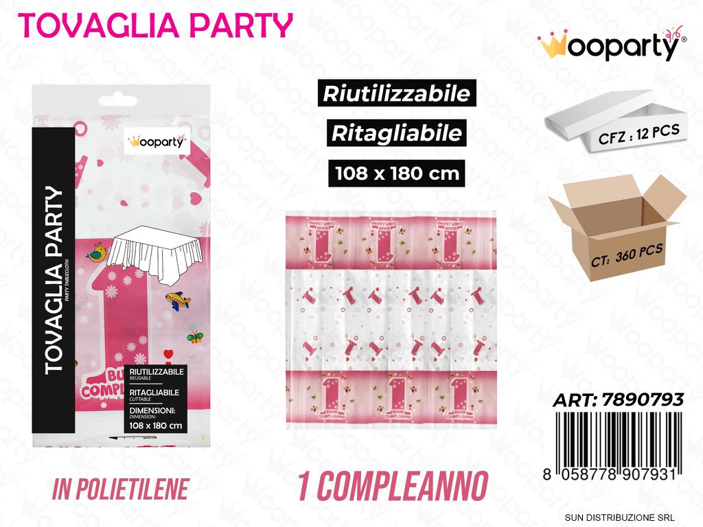 TOVAGLIA PARTY 1ANNO GIRL RIUT. 108*180CM /PZ DA 12**