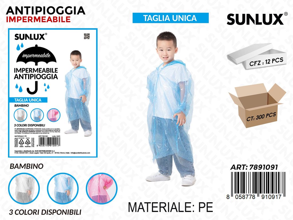 Sunlux Poncho Antipioggia Imperm. Bambino Ass. Tu