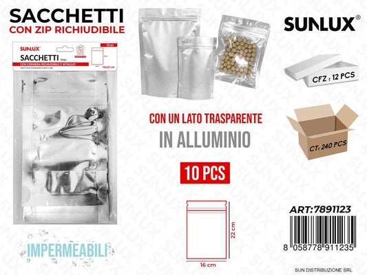 Sacchetti c/ Zip per Cibo Allum. 10PCS 16*22CM