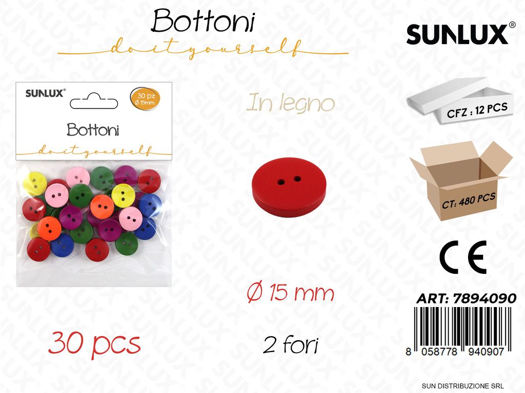 Bottoni in Legno Col. Ass. 30PCS D.15MM