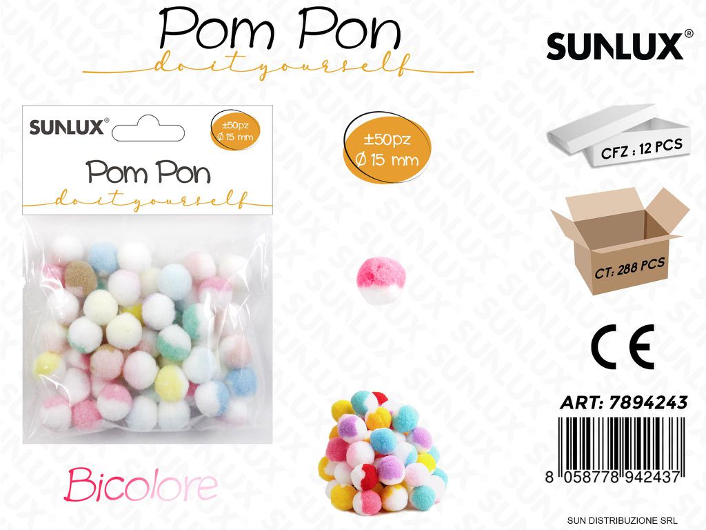 Pompon Bicolore Ass. D.15MM 50PCS