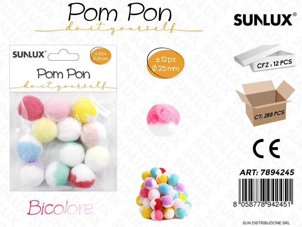Pompon Bicolore Ass. D.25MM 12PCS