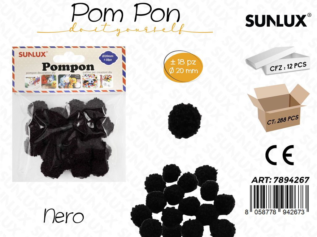 Pompon Nero D.20MM -18PCS