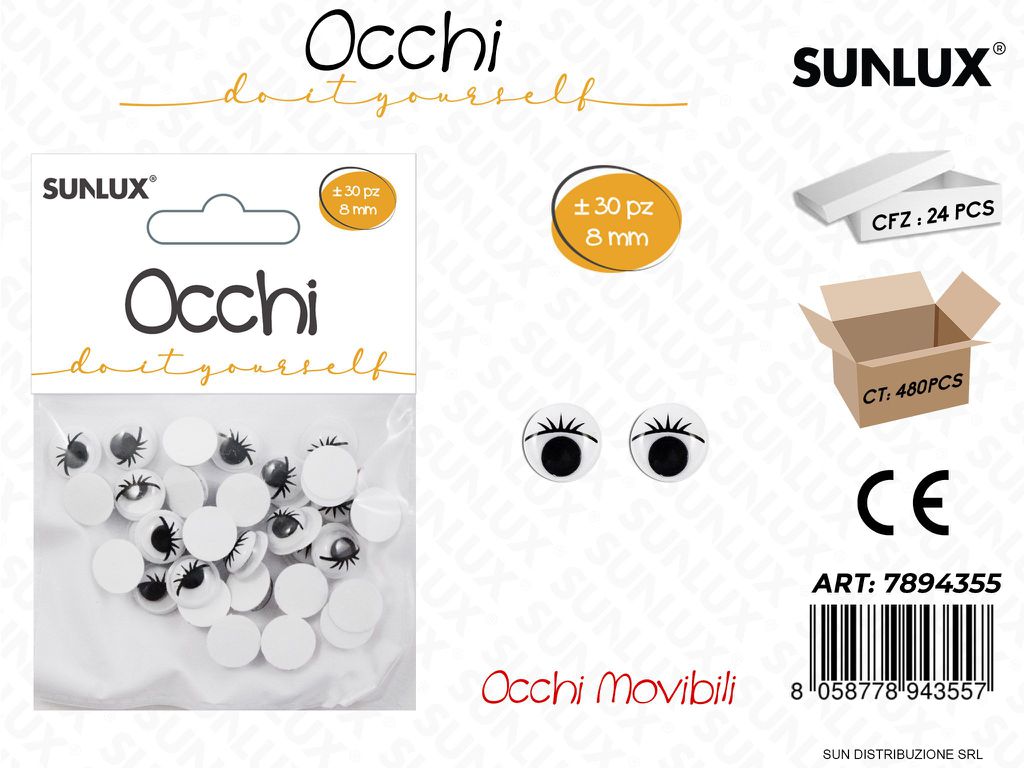 Occhi con Ciglia Col. Bianco Adv 8MM 30PCS /24PZ