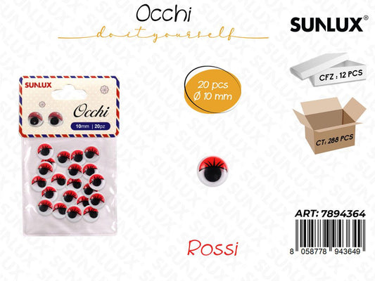 Occhi Dec. c/ Ciglia Rosso 20PCS D.10MM
