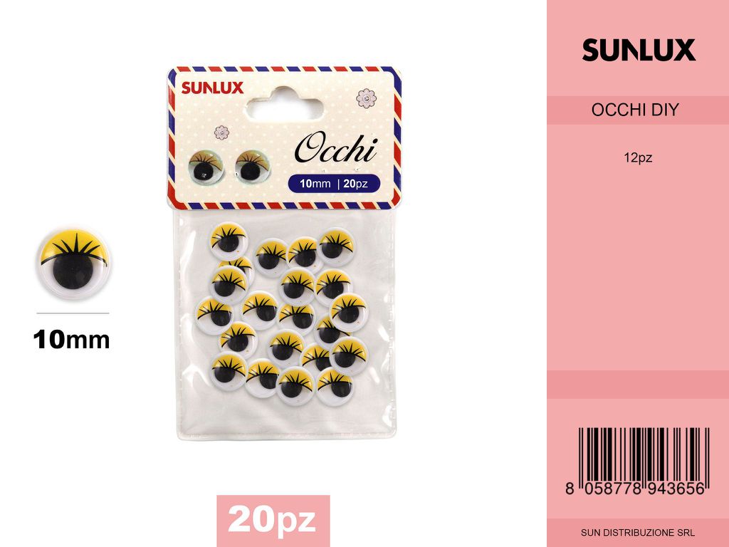 Occhi con Ciglia a Colore Giallo Adesivo 10MM 20PCS 12PZ